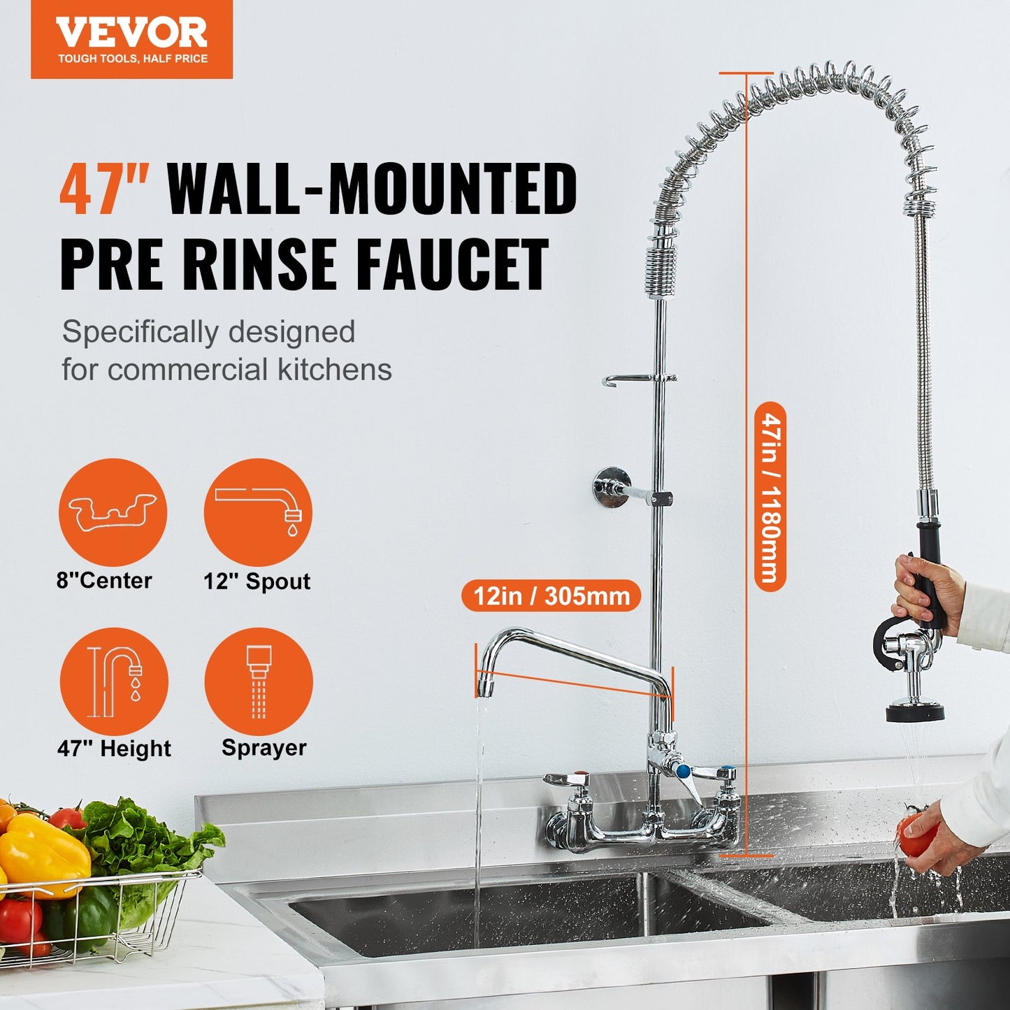 Commercial Faucet with Pre-Rinse Sprayer, 47" Height, 8" Center, 12" Swivel Spout, Wall Mounted Sink Faucet, Brass Constructed Unit with Pull Down Spray, for 1/2/3 Bowl Sink