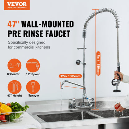 Commercial Faucet with Pre-Rinse Sprayer, 47" Height, 8" Center, 12" Swivel Spout, Wall Mounted Sink Faucet, Brass Constructed Unit with Pull Down Spray, for 1/2/3 Bowl Sink