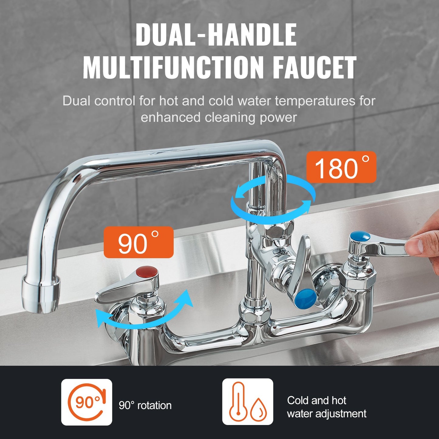 Wall-Mounted Kitchen Faucet, 47" Tall, 8" Apart, with 12" Rotating Spout and Pre-Rinse Spray, Brass Build, Pull-Down Feature for Multi-Compartment Sinks