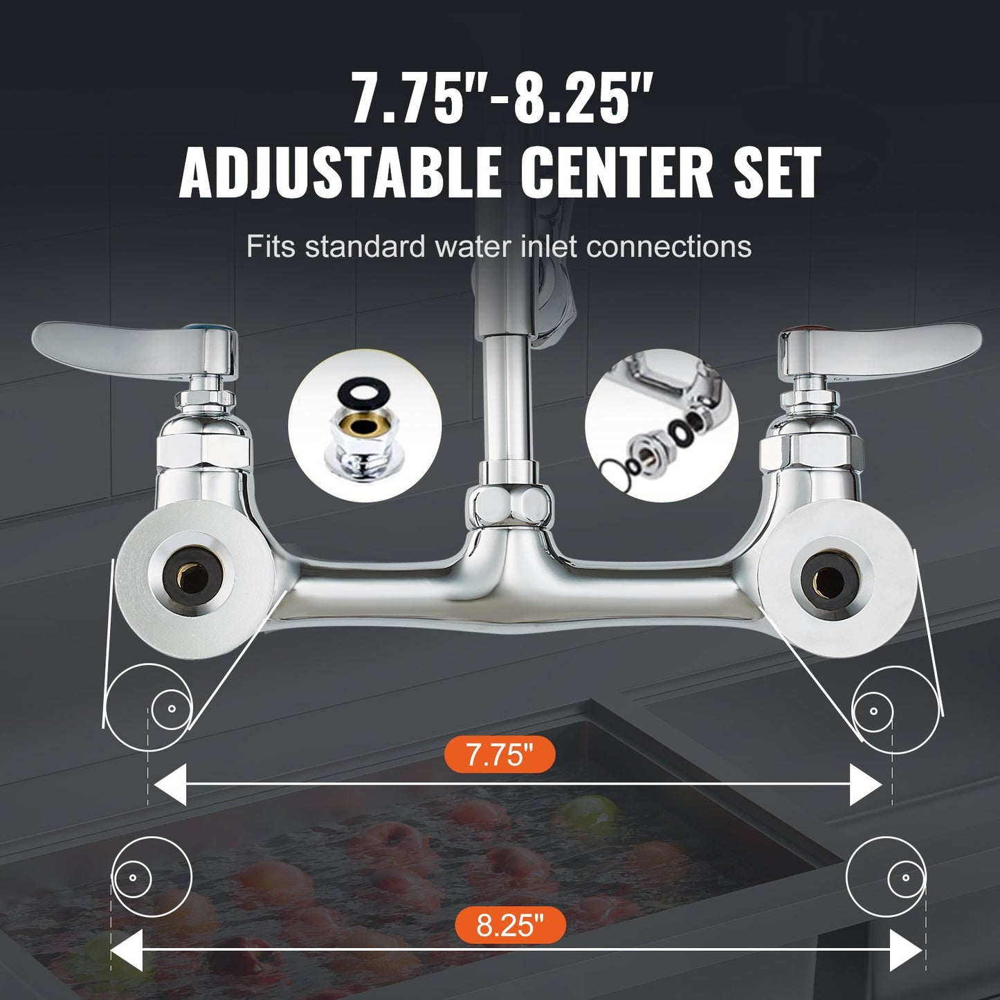 Commercial Faucet with Pre-Rinse Sprayer, 47" Height, 8" Center, 12" Swivel Spout, Wall Mounted Sink Faucet, Brass Constructed Unit with Pull Down Spray, for 1/2/3 Bowl Sink