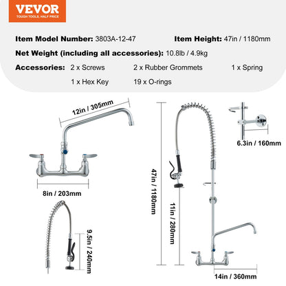 Commercial Faucet with Pre-Rinse Sprayer, 47" Height, 8" Center, 12" Swivel Spout, Wall Mounted Sink Faucet, Brass Constructed Unit with Pull Down Spray, for 1/2/3 Bowl Sink