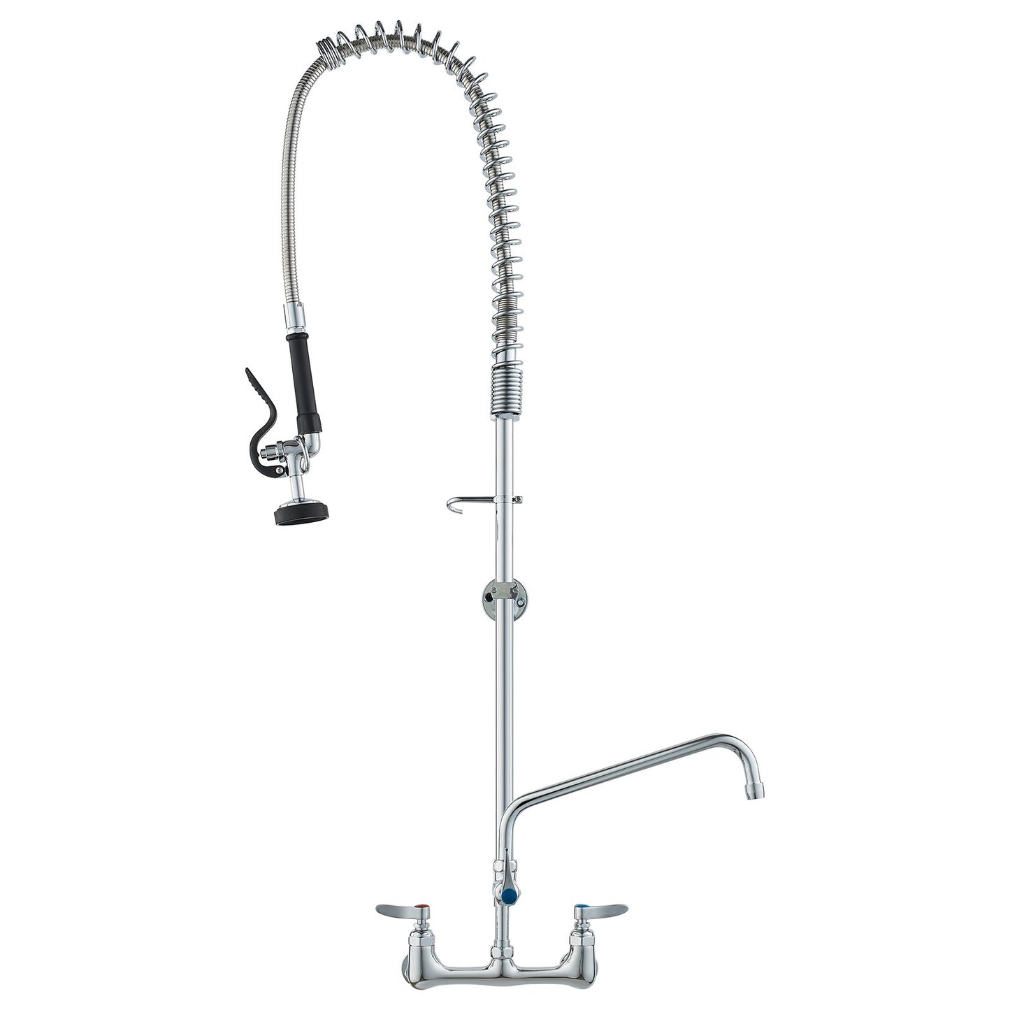 Commercial Faucet with Pre-Rinse Sprayer, 47" Height, 8" Center, 12" Swivel Spout, Wall Mounted Sink Faucet, Brass Constructed Unit with Pull Down Spray, for 1/2/3 Bowl Sink