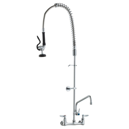 Commercial Faucet with Pre-Rinse Sprayer, 47" Height, 8" Center, 12" Swivel Spout, Wall Mounted Sink Faucet, Brass Constructed Unit with Pull Down Spray, for 1/2/3 Bowl Sink