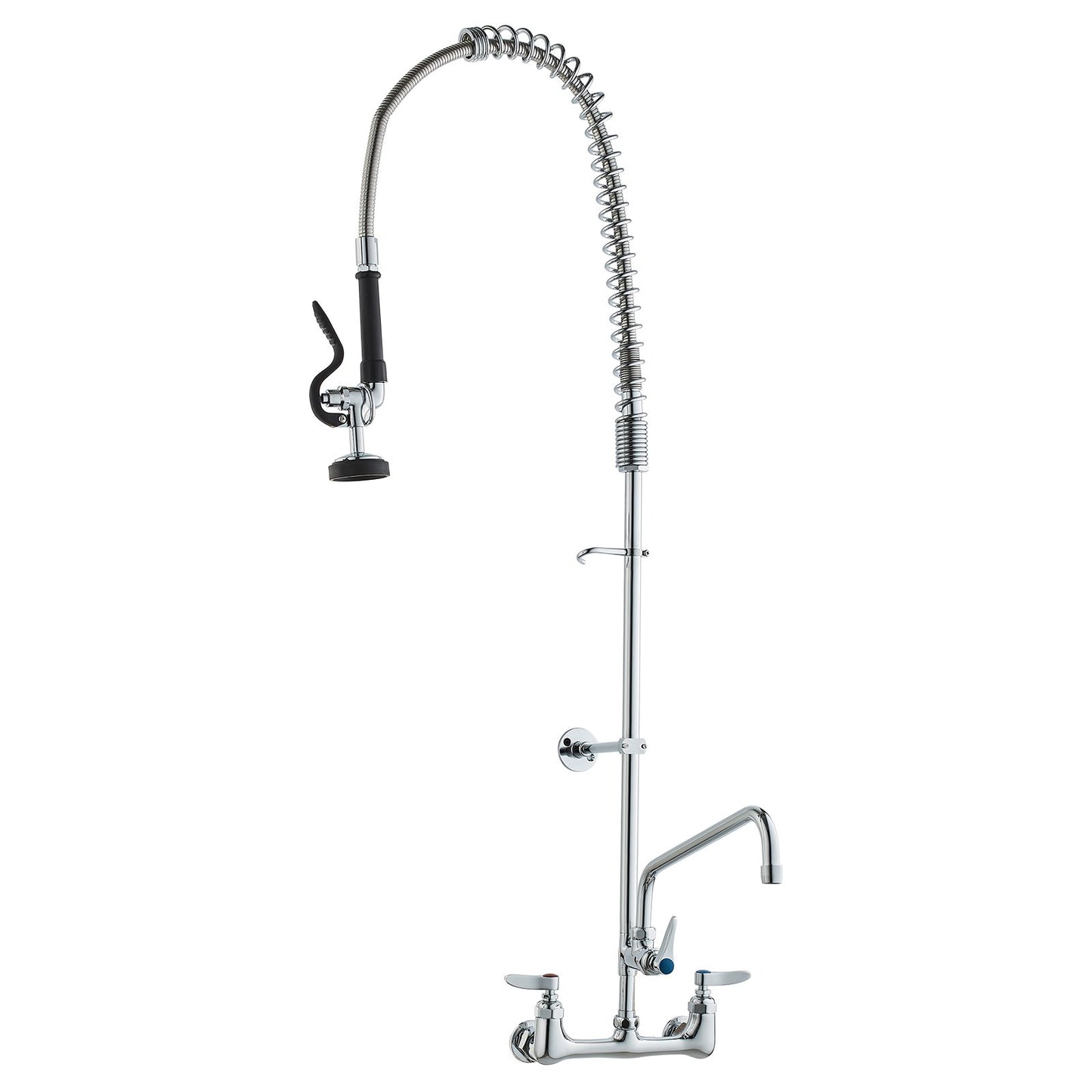 Commercial Faucet with Pre-Rinse Sprayer, 47" Height, 8" Center, 12" Swivel Spout, Wall Mounted Sink Faucet, Brass Constructed Unit with Pull Down Spray, for 1/2/3 Bowl Sink