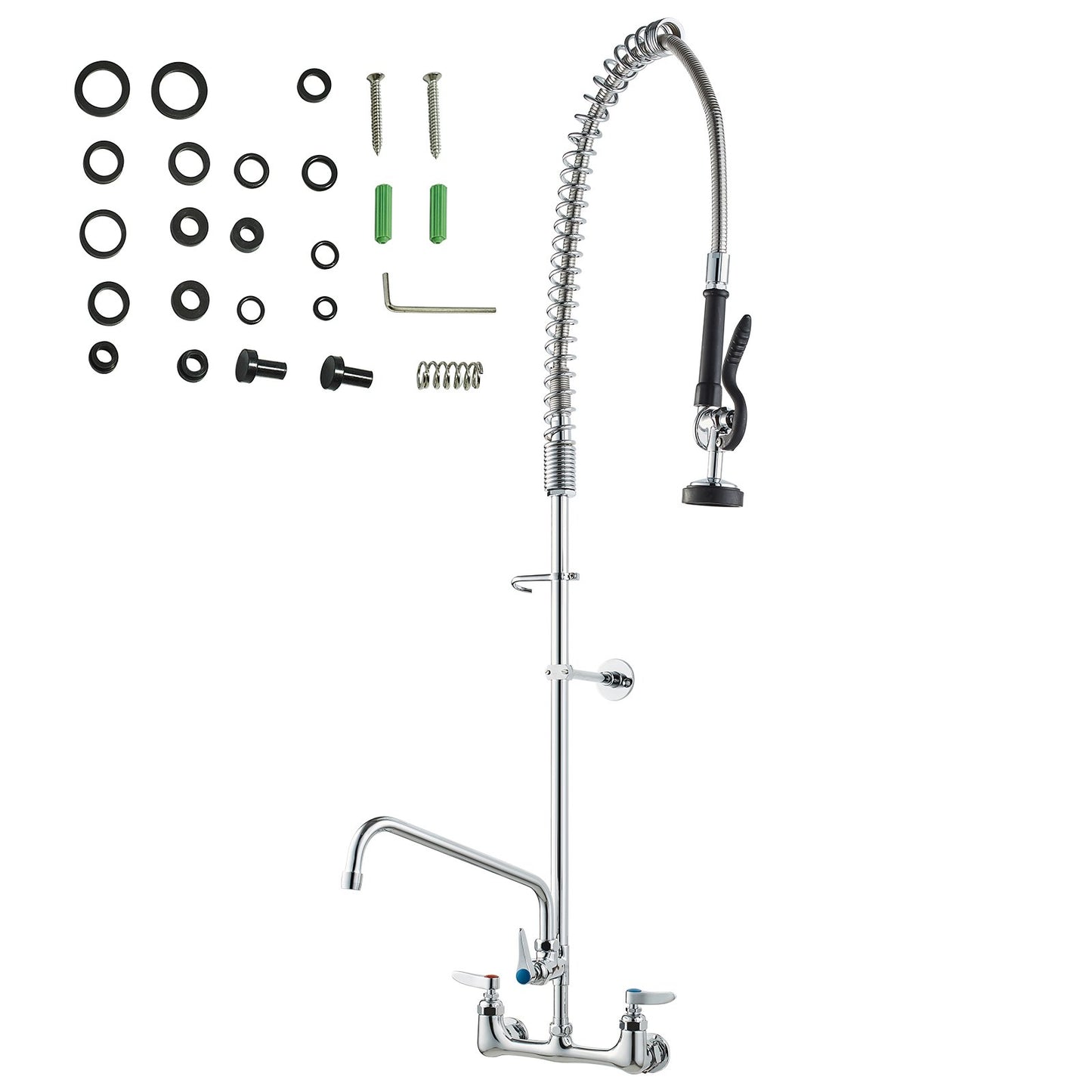 Commercial Faucet with Pre-Rinse Sprayer, 47" Height, 8" Center, 12" Swivel Spout, Wall Mounted Sink Faucet, Brass Constructed Unit with Pull Down Spray, for 1/2/3 Bowl Sink