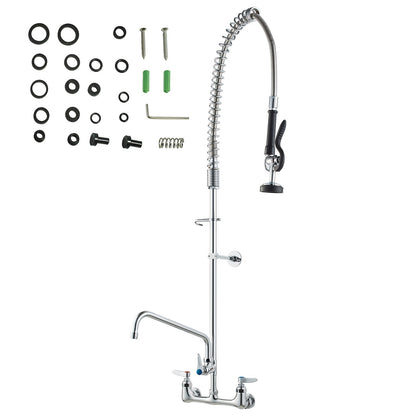 Commercial Faucet with Pre-Rinse Sprayer, 47" Height, 8" Center, 12" Swivel Spout, Wall Mounted Sink Faucet, Brass Constructed Unit with Pull Down Spray, for 1/2/3 Bowl Sink