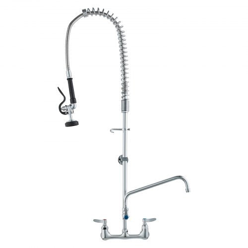 Industrial Sink Faucet, 44" Tall, 8" Apart, 12" Rotating Spout, Wall Mounted, Brass Made with Extendable Sprayer, Fits Single/Triple Sinks