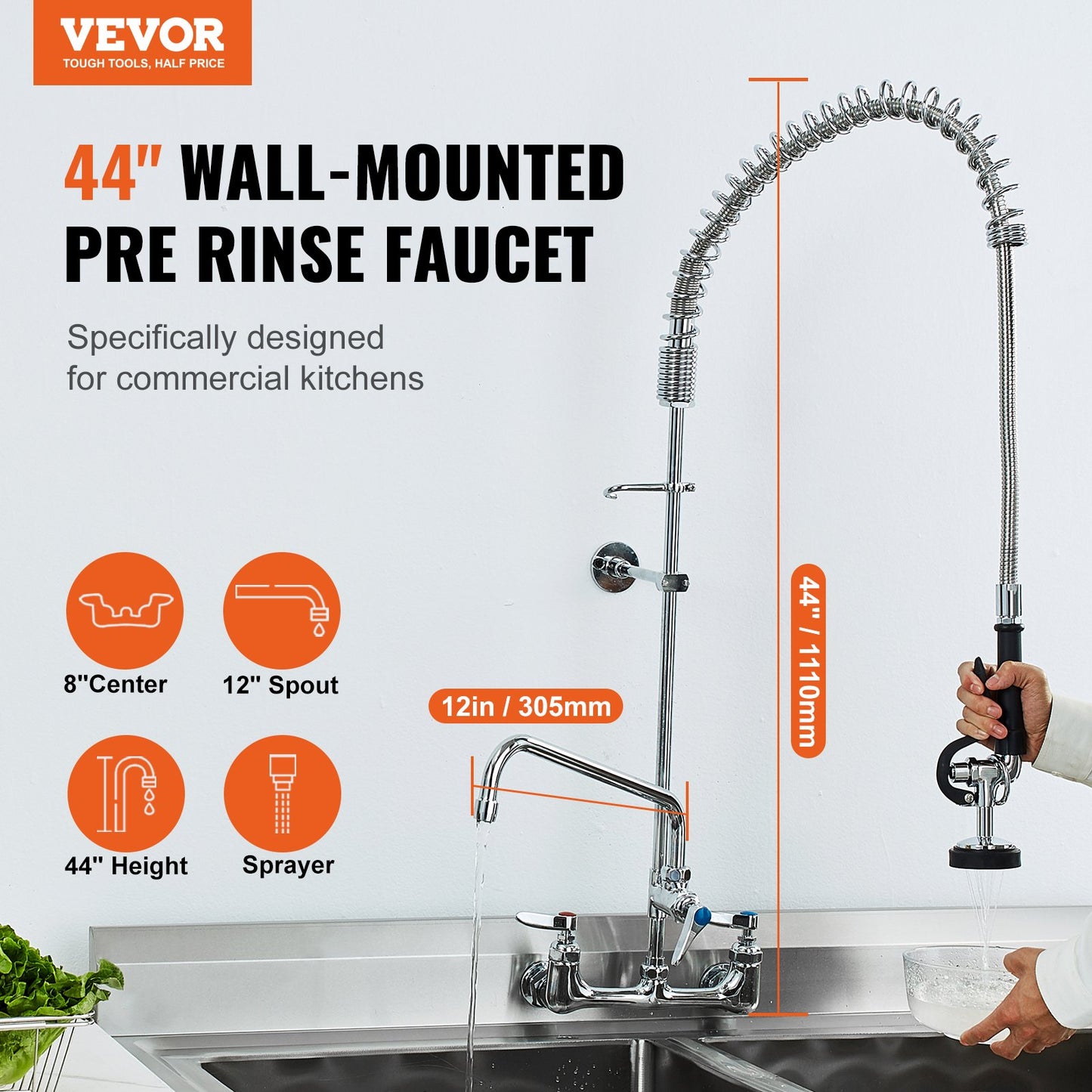 Commercial Faucet with Pre-Rinse Sprayer, 44" Height, 8" Center, 12" Swivel Spout, Wall Mounted Sink Faucet, Brass Constructed Unit with Pull-Down Spray, for 1/2/3-Bay Sink