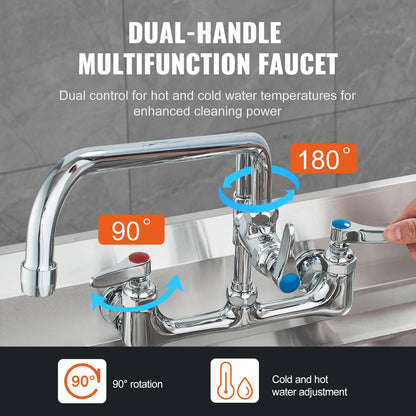 Industrial Sink Faucet, 44" Tall, 8" Apart, 12" Rotating Spout, Wall Mounted, Brass Made with Extendable Sprayer, Fits Single/Triple Sinks
