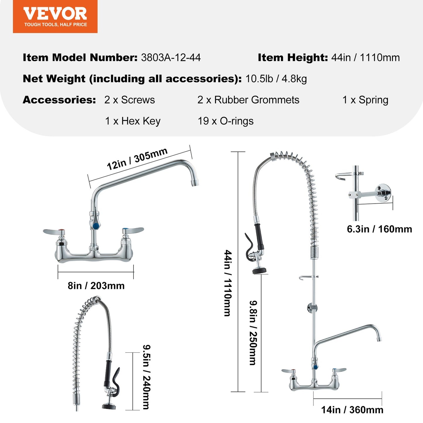 Industrial Sink Faucet, 44" Tall, 8" Apart, 12" Rotating Spout, Wall Mounted, Brass Made with Extendable Sprayer, Fits Single/Triple Sinks