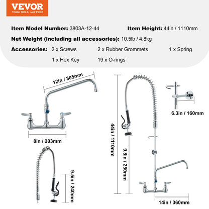 Industrial Sink Faucet, 44" Tall, 8" Apart, 12" Rotating Spout, Wall Mounted, Brass Made with Extendable Sprayer, Fits Single/Triple Sinks