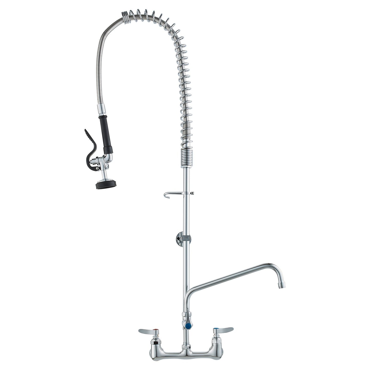 Commercial Faucet with Pre-Rinse Sprayer, 44" Height, 8" Center, 12" Swivel Spout, Wall Mounted Sink Faucet, Brass Constructed Unit with Pull-Down Spray, for 1/2/3-Bay Sink