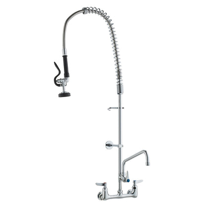 Commercial Faucet with Pre-Rinse Sprayer, 44" Height, 8" Center, 12" Swivel Spout, Wall Mounted Sink Faucet, Brass Constructed Unit with Pull-Down Spray, for 1/2/3-Bay Sink