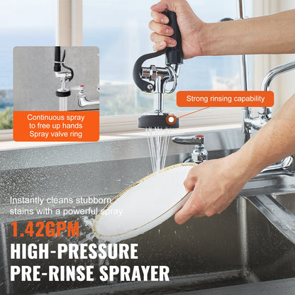 Wall-Mounted Brass Kitchen Faucet, 21" Tall, 8" Installation Width, Includes 12" Rotating Spout and Pull-Down Sprayer, Suitable for Single, Double, or Triple Sinks
