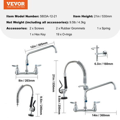 Wall-Mounted Brass Kitchen Faucet, 21" Tall, 8" Installation Width, Includes 12" Rotating Spout and Pull-Down Sprayer, Suitable for Single, Double, or Triple Sinks