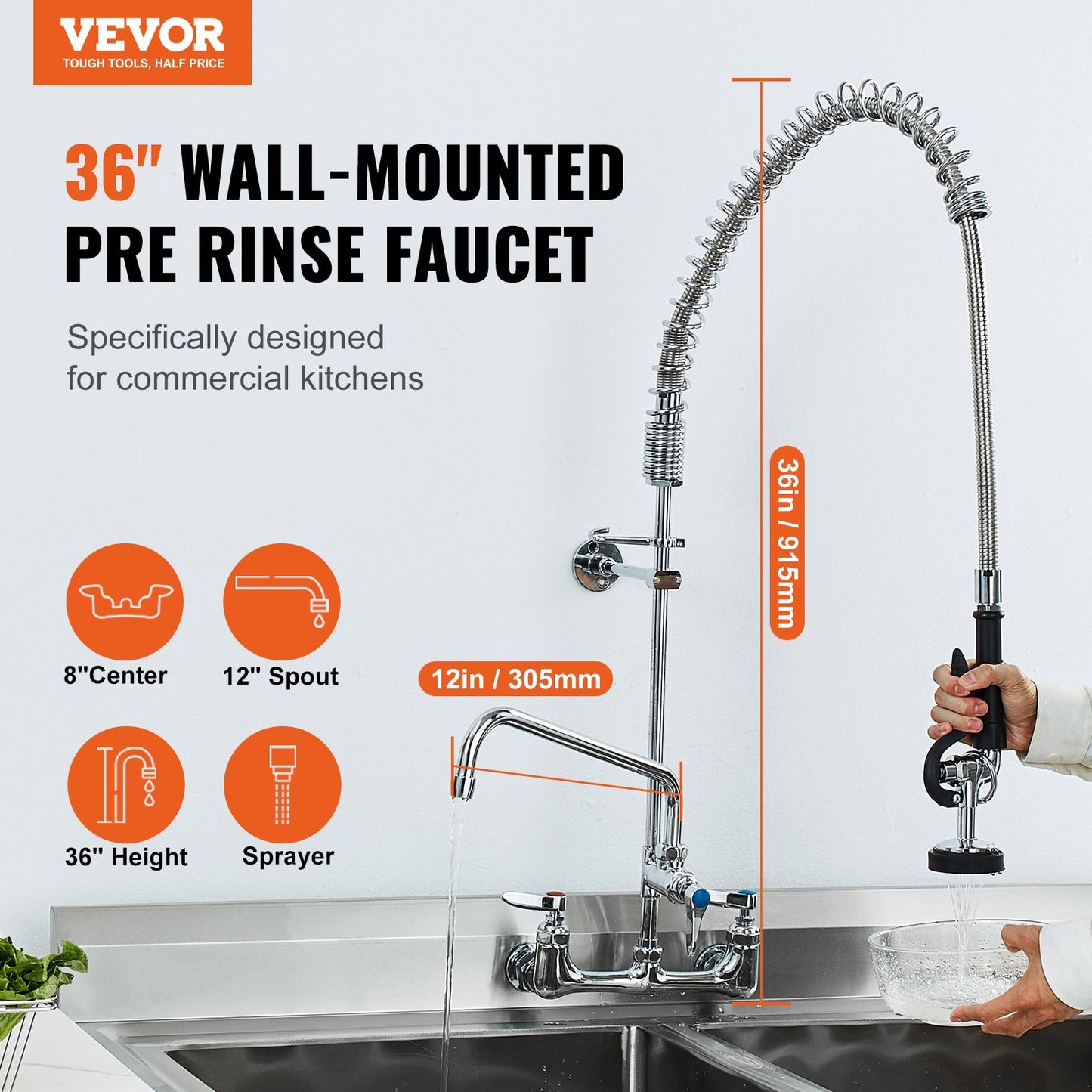 Commercial Faucet with Pre-Rinse Sprayer, 36" Height, 8" Center, 12" Swivel Spout, Wall Mounted Sink Faucet, Brass Constructed Unit with Pull Down Spray, for 1/2/3 Bowl Sink