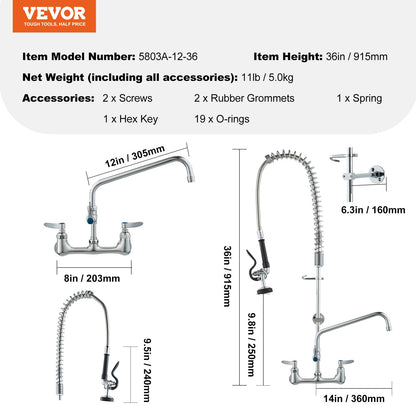 Commercial Faucet with Pre-Rinse Sprayer, 36" Height, 8" Center, 12" Swivel Spout, Wall Mounted Sink Faucet, Brass Constructed Unit with Pull Down Spray, for 1/2/3 Bowl Sink