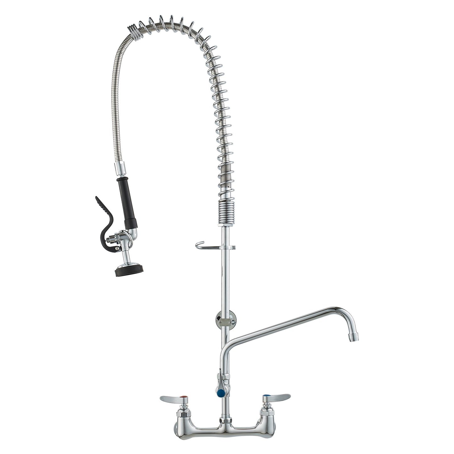 Commercial Faucet with Pre-Rinse Sprayer, 36" Height, 8" Center, 12" Swivel Spout, Wall Mounted Sink Faucet, Brass Constructed Unit with Pull Down Spray, for 1/2/3 Bowl Sink