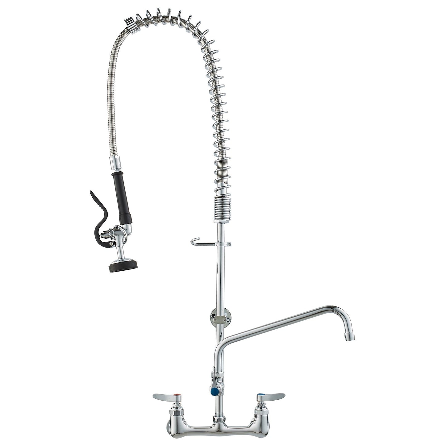 Commercial Faucet with Pre-Rinse Sprayer, 36" Height, 8" Center, 12" Swivel Spout, Wall Mounted Sink Faucet, Brass Constructed Unit with Pull Down Spray, for 1/2/3 Bowl Sink