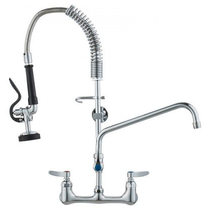 Wall-Mounted Kitchen Faucet, 25" Tall, 8" Center Distance, 12" Rotatable Spout, Includes Pre-Rinse Spray, Brass Build, Pull-Down Feature, Suitable for Multi-Compartment Sinks