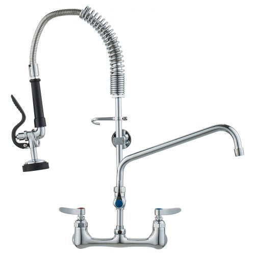 Wall-Mounted Kitchen Faucet, 25" Tall, 8" Center Distance, 12" Rotatable Spout, Includes Pre-Rinse Spray, Brass Build, Pull-Down Feature, Suitable for Multi-Compartment Sinks