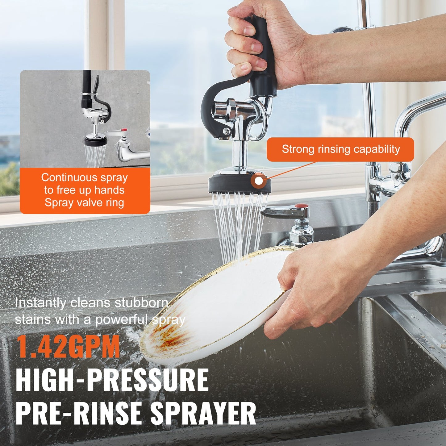 Wall-Mounted Kitchen Faucet, 25" Tall, 8" Center Distance, 12" Rotatable Spout, Includes Pre-Rinse Spray, Brass Build, Pull-Down Feature, Suitable for Multi-Compartment Sinks