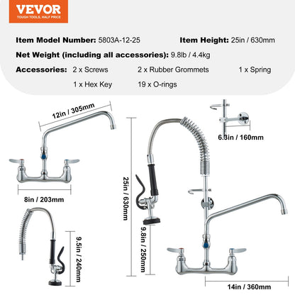 Wall-Mounted Kitchen Faucet, 25" Tall, 8" Center Distance, 12" Rotatable Spout, Includes Pre-Rinse Spray, Brass Build, Pull-Down Feature, Suitable for Multi-Compartment Sinks