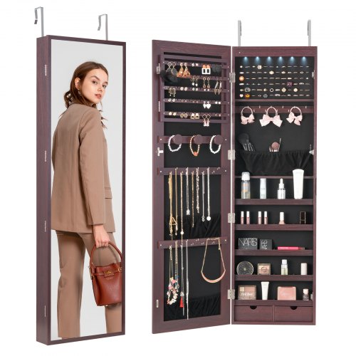 Mirror Jewelry Cabinet, 47.05-Inch Tall Lockable Jewelry Cabinet Armoire with Full-Length Mirror, Wall or Door Mounted Jewelry Mirror Organizer with LED Interior Lights and Velvet Lining, Brown