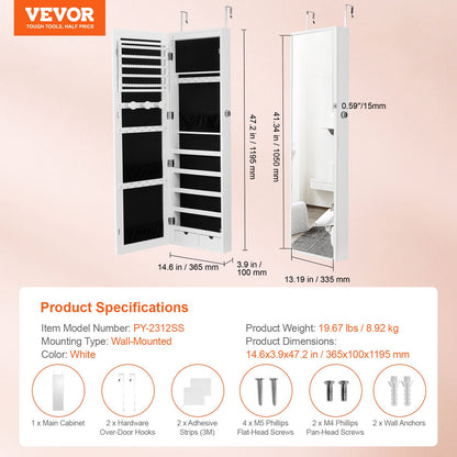 Spegel Smyckesskåp 47,05 tum Låsbar vägg- eller dörrmonterad Armoire Vit