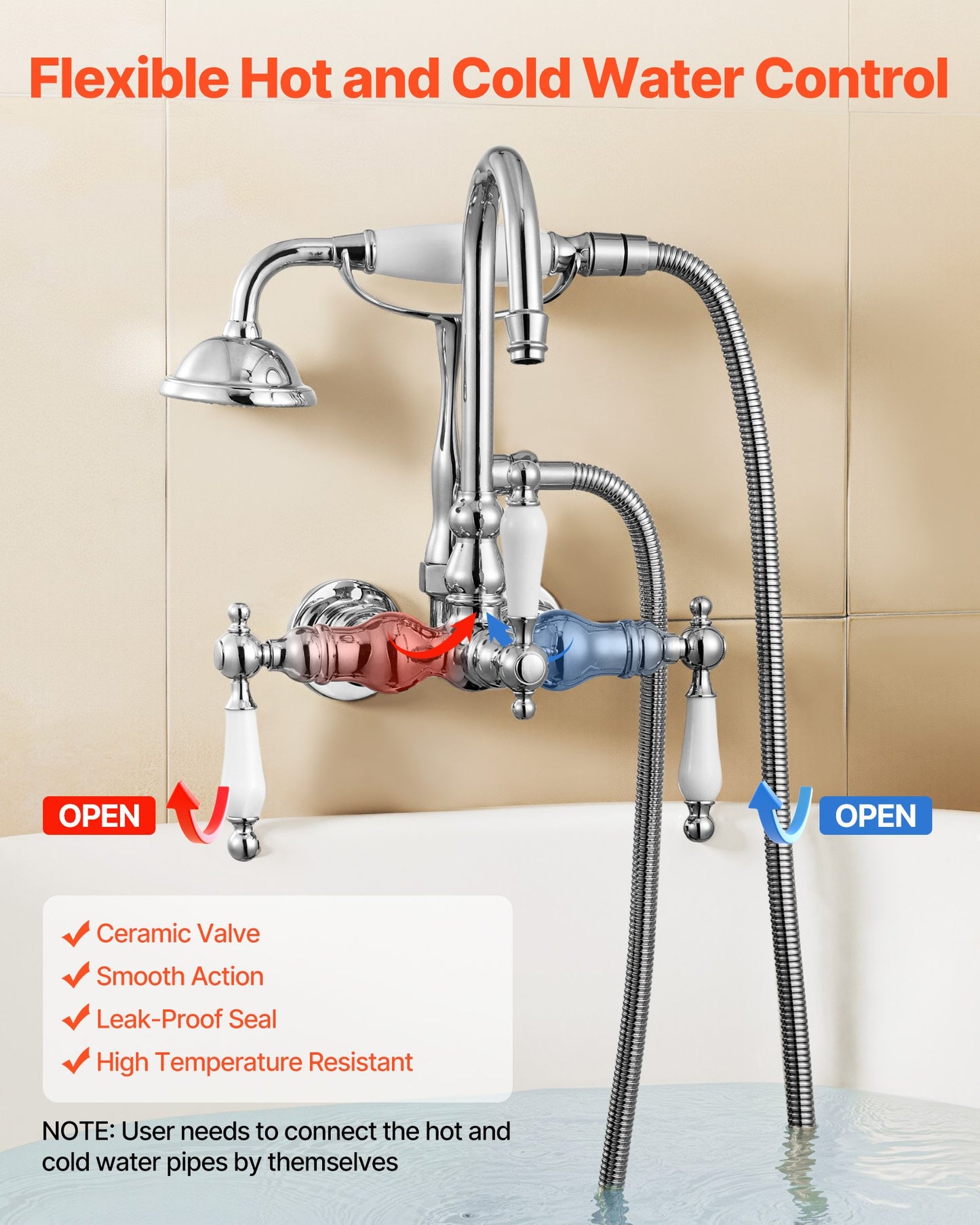 Clawfoot Tub Faucet, Wall-Mounted Bathtub Faucets with Handheld Shower, Polished Chrome Clawfoot Tub Filler Faucet Shower Kit with 59" Long Hose & Gooseneck Spout, Modern & Vintage for Bathtubs