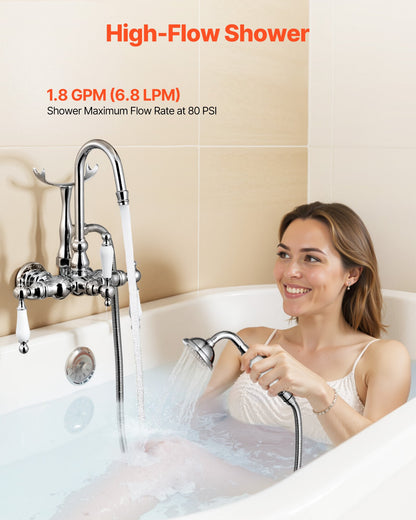 Clawfoot Tub Faucet, Wall-Mounted Bathtub Faucets with Handheld Shower, Polished Chrome Clawfoot Tub Filler Faucet Shower Kit with 59" Long Hose & Gooseneck Spout, Modern & Vintage for Bathtubs