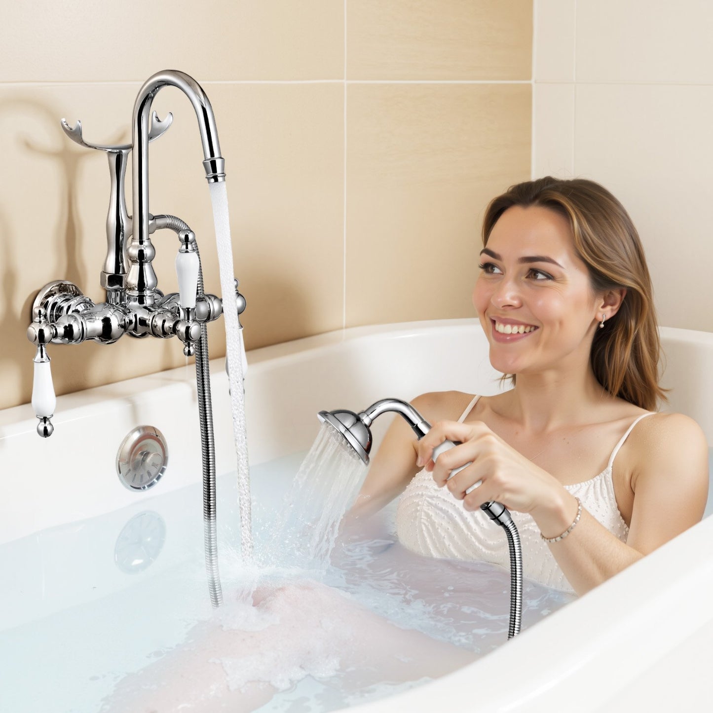 Clawfoot Tub Faucet, Wall-Mounted Bathtub Faucets with Handheld Shower, Polished Chrome Clawfoot Tub Filler Faucet Shower Kit with 59" Long Hose & Gooseneck Spout, Modern & Vintage for Bathtubs