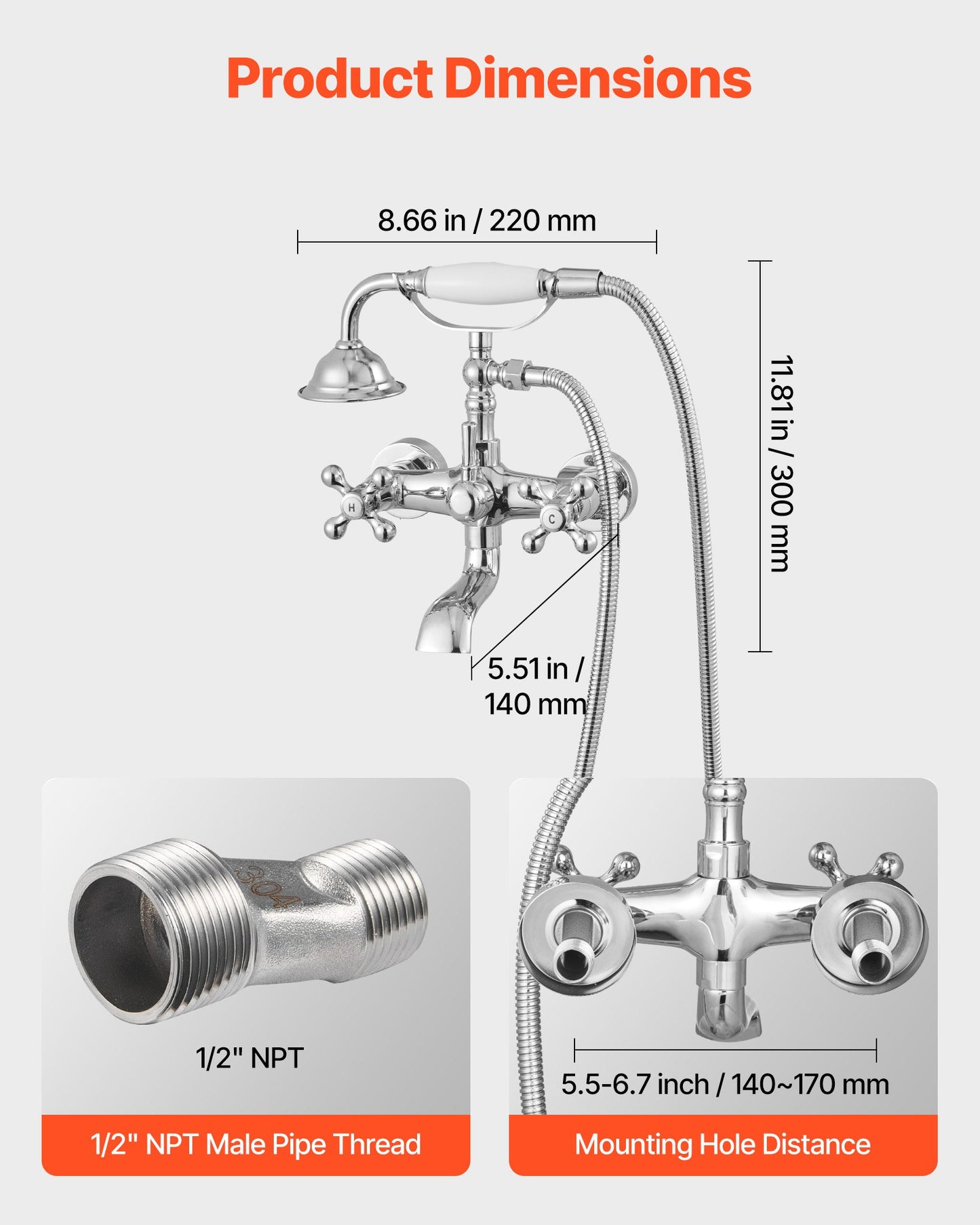 Clawfoot Tub Faucet, Wall Mount Bathtub Faucets with Handheld Shower, Vintage Polished Chrome Clawfoot Tub Filler Faucet Shower Kit with Adjustable Swing Arms & 360° Rotation Spout for Bathtubs