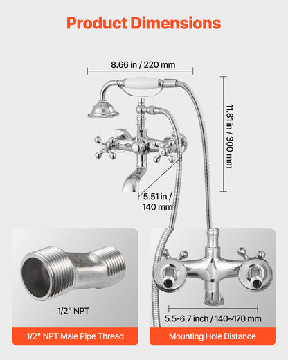 Clawfoot Tub Faucet, Wall Mount Bathtub Faucets with Handheld Shower, Vintage Polished Chrome Clawfoot Tub Filler Faucet Shower Kit with Adjustable Swing Arms & 360° Rotation Spout for Bathtubs