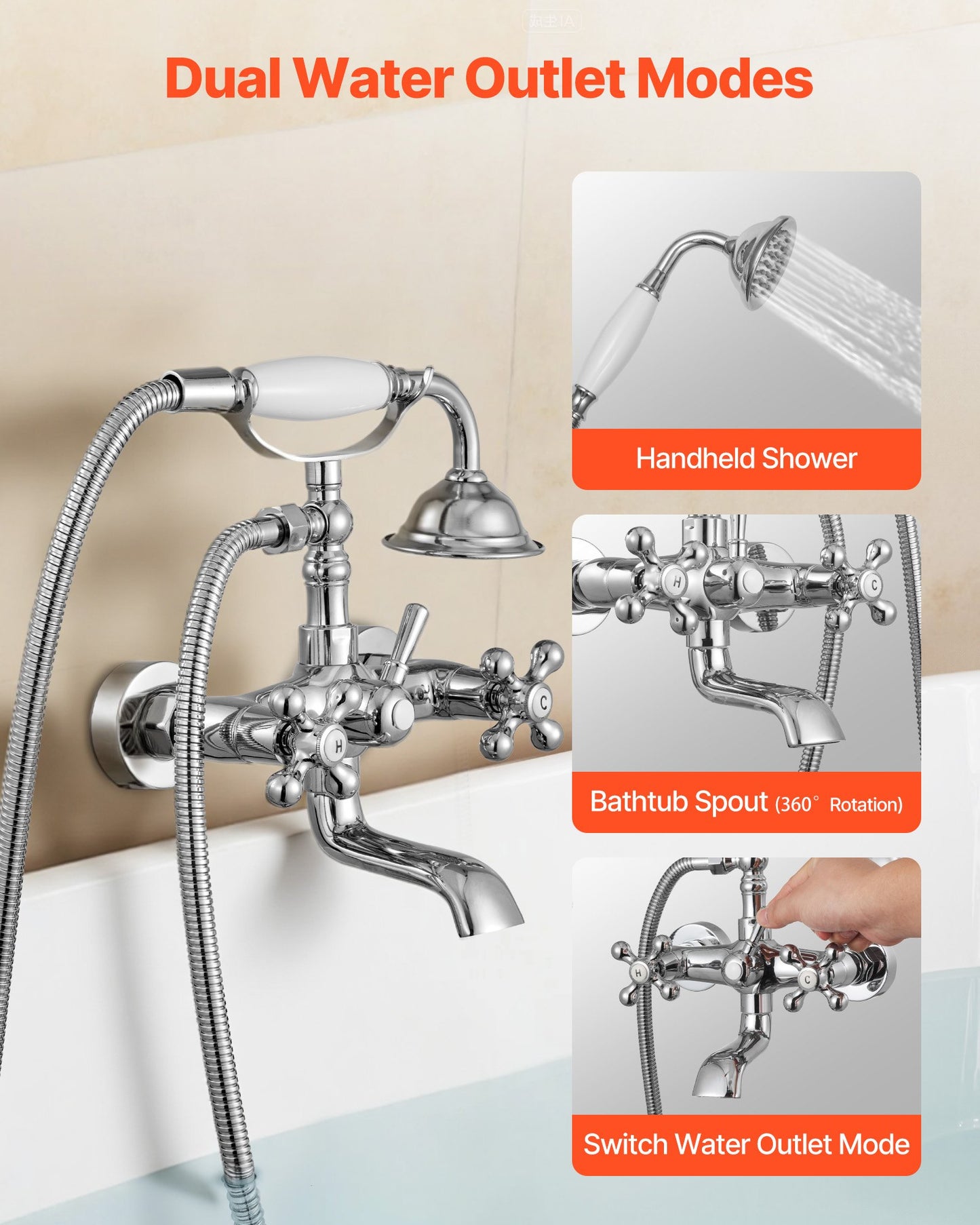 Clawfoot Tub Faucet, Wall Mount Bathtub Faucets with Handheld Shower, Vintage Polished Chrome Clawfoot Tub Filler Faucet Shower Kit with Adjustable Swing Arms & 360° Rotation Spout for Bathtubs