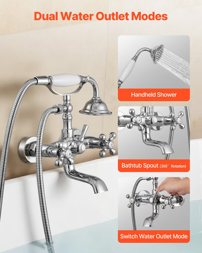 Clawfoot Tub Faucet, Wall Mount Bathtub Faucets with Handheld Shower, Vintage Polished Chrome Clawfoot Tub Filler Faucet Shower Kit with Adjustable Swing Arms & 360° Rotation Spout for Bathtubs