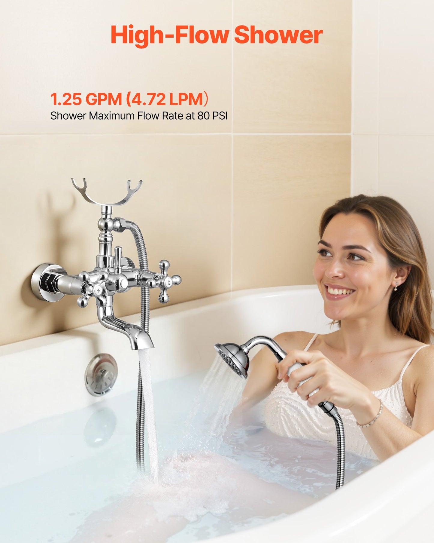 Clawfoot Tub Faucet, Wall Mount Bathtub Faucets with Handheld Shower, Vintage Polished Chrome Clawfoot Tub Filler Faucet Shower Kit with Adjustable Swing Arms & 360° Rotation Spout for Bathtubs