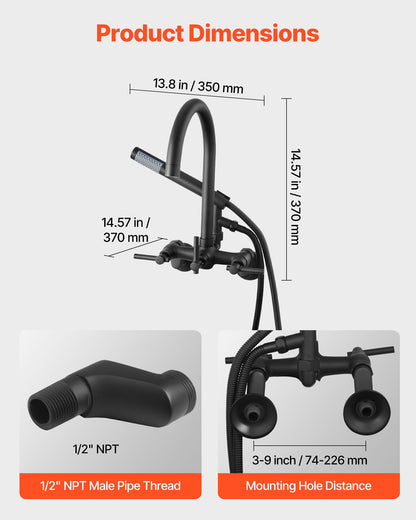 Clawfoot Tub Faucet, Wall-Mounted Bathtub Faucet with Handheld Shower, Vintage Matte Black Clawfoot Tub Filler Shower Kit with Adjustable Swing Arms & Rotatable Gooseneck Spout for Bathtubs