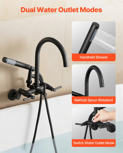 Clawfoot Tub Faucet, Wall-Mounted Bathtub Faucet with Handheld Shower, Vintage Matte Black Clawfoot Tub Filler Shower Kit with Adjustable Swing Arms & Rotatable Gooseneck Spout for Bathtubs