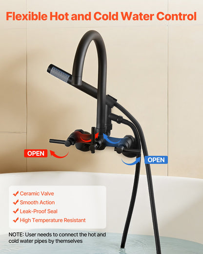 Clawfoot Tub Faucet, Wall-Mounted Bathtub Faucet with Handheld Shower, Vintage Matte Black Clawfoot Tub Filler Shower Kit with Adjustable Swing Arms & Rotatable Gooseneck Spout for Bathtubs