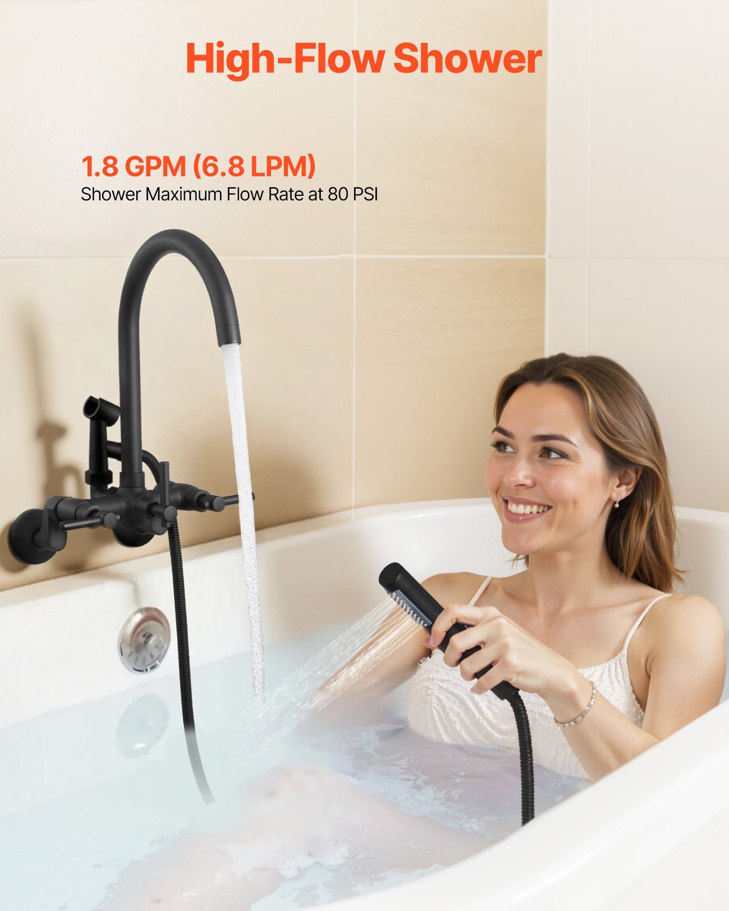 Clawfoot Tub Faucet, Wall-Mounted Bathtub Faucet with Handheld Shower, Vintage Matte Black Clawfoot Tub Filler Shower Kit with Adjustable Swing Arms & Rotatable Gooseneck Spout for Bathtubs