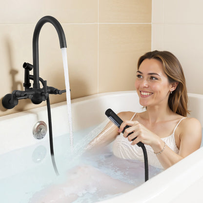 Clawfoot Tub Faucet, Wall-Mounted Bathtub Faucet with Handheld Shower, Vintage Matte Black Clawfoot Tub Filler Shower Kit with Adjustable Swing Arms & Rotatable Gooseneck Spout for Bathtubs