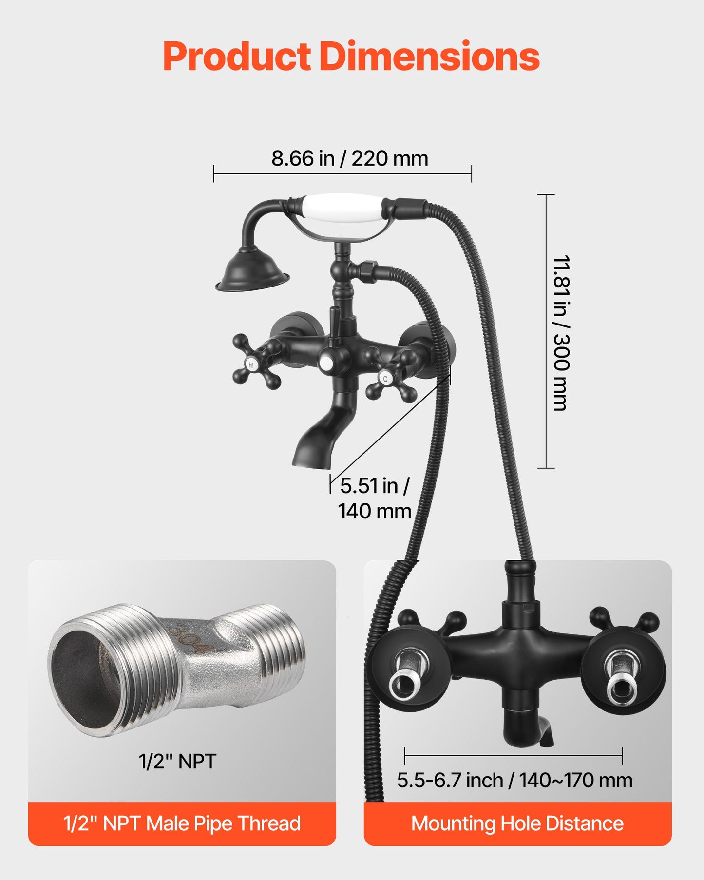 Clawfoot Tub Faucet, Wall Mount Bathtub Faucets with Handheld Shower, Vintage Matte Black Clawfoot Tub Filler Faucet Shower Kit with Adjustable Swing Arms & 360° Rotation Spout for Bathtubs