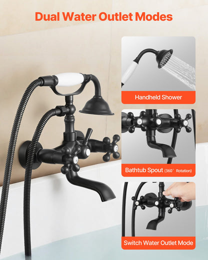 Clawfoot Tub Faucet, Wall Mount Bathtub Faucets with Handheld Shower, Vintage Matte Black Clawfoot Tub Filler Faucet Shower Kit with Adjustable Swing Arms & 360° Rotation Spout for Bathtubs