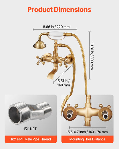 Clawfoot Tub Faucet, Wall Mount Bathtub Faucets with Handheld Shower, Vintage Brushed Gold Clawfoot Tub Filler Faucet Shower Kit with Adjustable Swing Arms & 360° Rotation Spout for Bathtubs