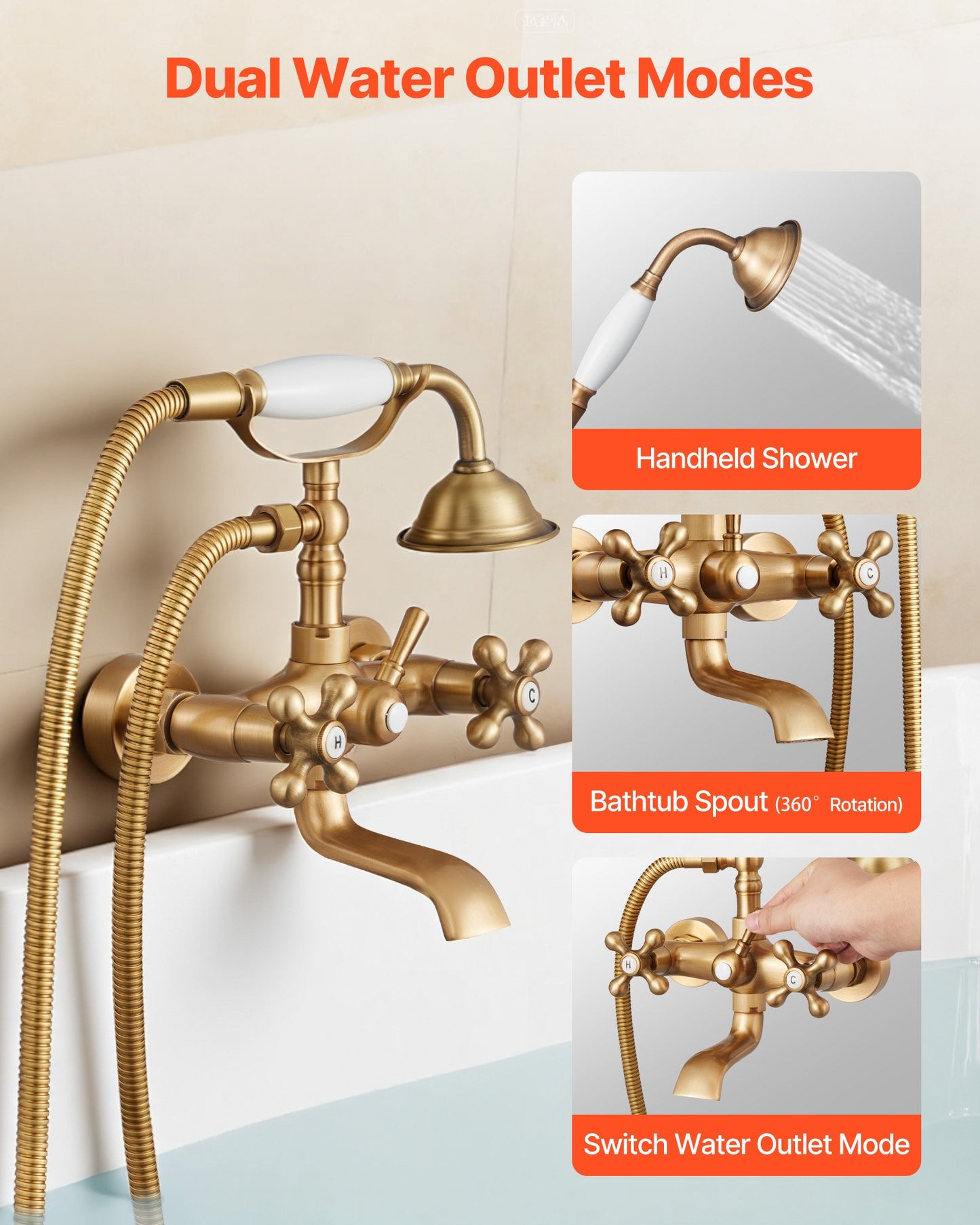 Clawfoot Tub Faucet, Wall Mount Bathtub Faucets with Handheld Shower, Vintage Brushed Gold Clawfoot Tub Filler Faucet Shower Kit with Adjustable Swing Arms & 360° Rotation Spout for Bathtubs