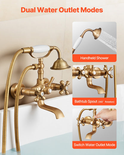 Clawfoot Tub Faucet, Wall Mount Bathtub Faucets with Handheld Shower, Vintage Brushed Gold Clawfoot Tub Filler Faucet Shower Kit with Adjustable Swing Arms & 360° Rotation Spout for Bathtubs