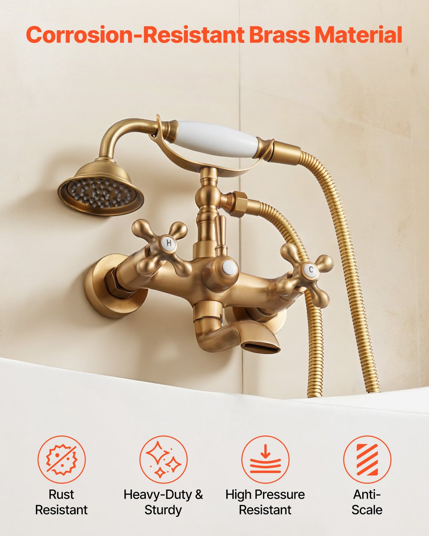 Clawfoot Tub Faucet, Wall Mount Bathtub Faucets with Handheld Shower, Vintage Brushed Gold Clawfoot Tub Filler Faucet Shower Kit with Adjustable Swing Arms & 360° Rotation Spout for Bathtubs
