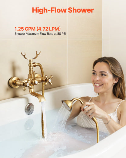 Clawfoot Tub Faucet, Wall Mount Bathtub Faucets with Handheld Shower, Vintage Brushed Gold Clawfoot Tub Filler Faucet Shower Kit with Adjustable Swing Arms & 360° Rotation Spout for Bathtubs