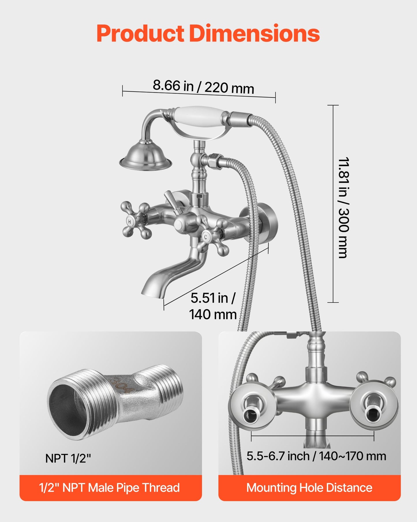 Clawfoot Tub Faucet, Wall Mount Bathtub Faucets with Handheld Shower, Vintage Brushed Nickel Clawfoot Tub Filler Faucet Shower Kit with Adjustable Swing Arms & 360° Rotation Spout for Bathtubs
